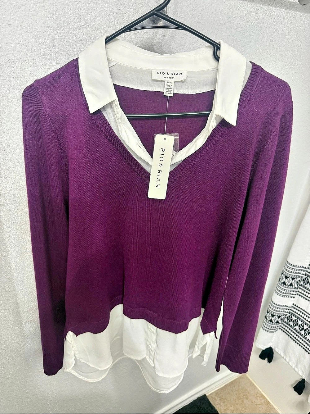 Rio & Rian Layered V-Neck Blouse in Purple & White NWT